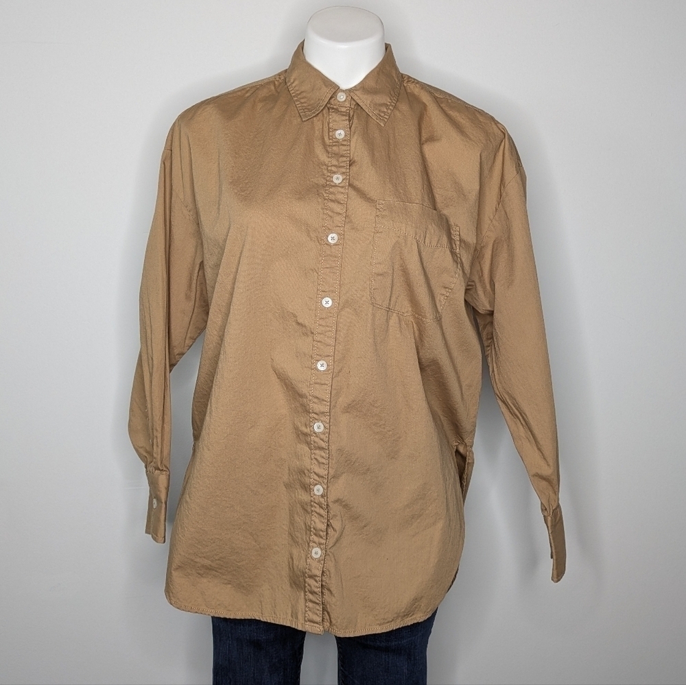 Anthro Maeve Tan Long Sleeve Cotton Button Up Top S